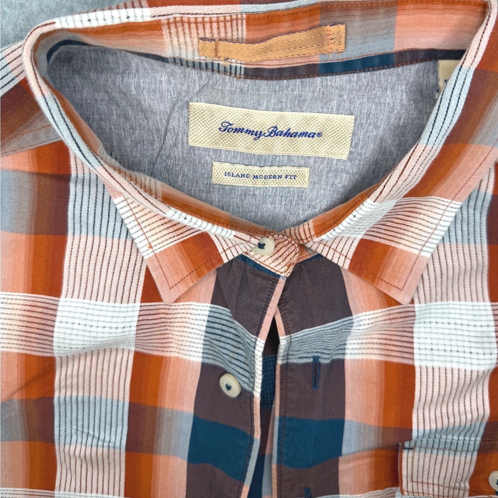 Tommy Bahama Mens Plaid Button Down Shirt Orange Blue Silk Blend Large T37816 - Picture 2 of 9